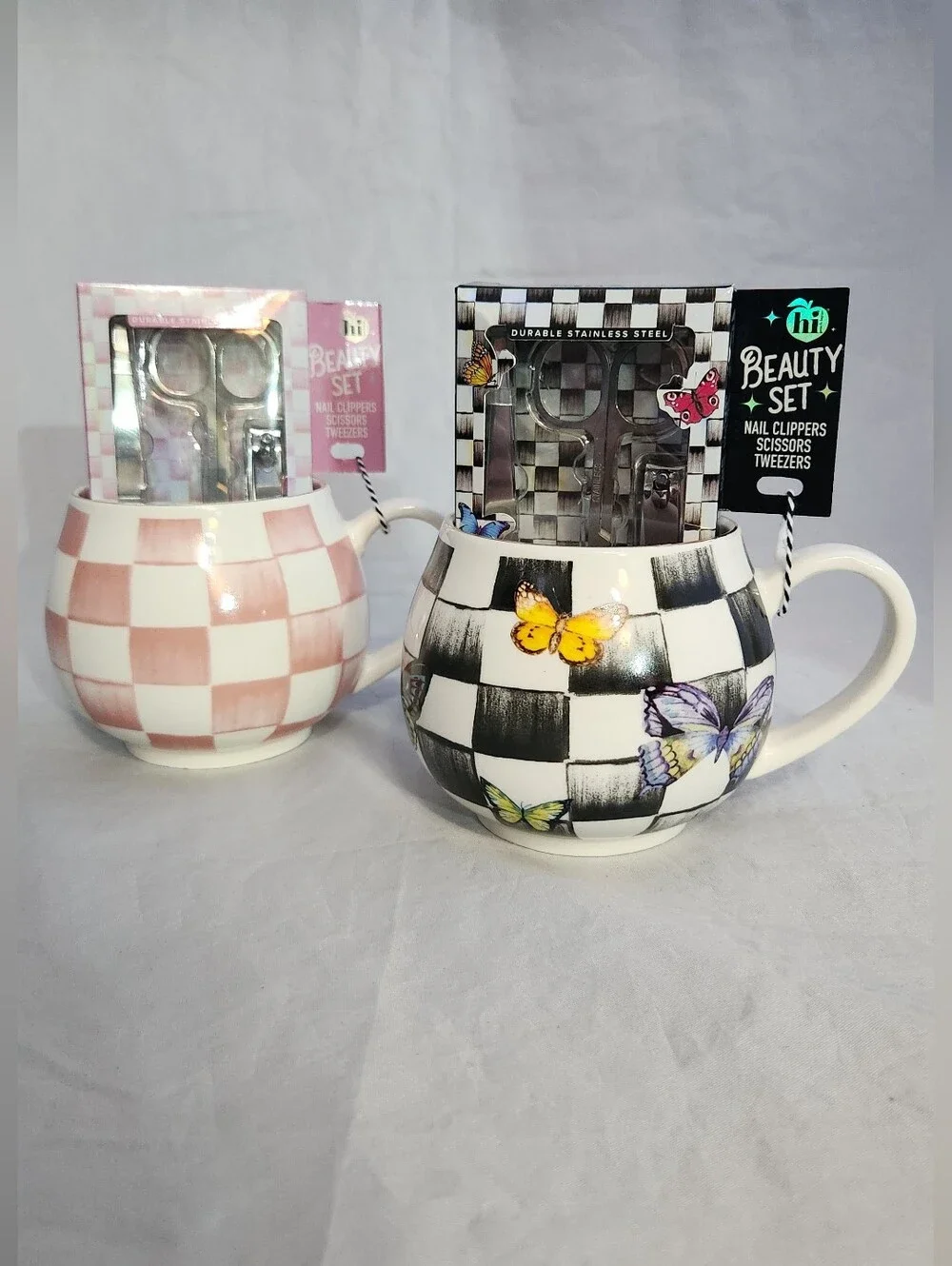 Choice Of Color- Hi Peach Set Of Ceramic Checkered Butterfly Mug with Nail Care